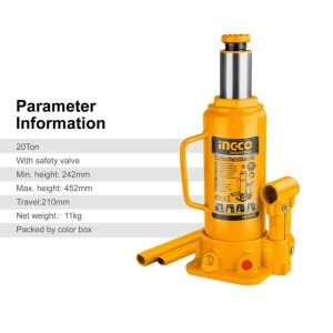 20Ton With safety valve Min. height: 240mm Max. height: 460mm Travel:220mm Net weight：8.7kg Packed by color box